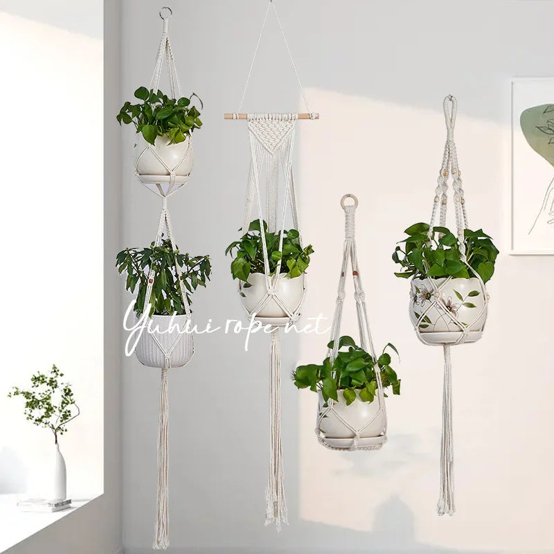Macrame Plant Hanger - Handmade Knotted Rope Holder for Pots and Balcony Baskets