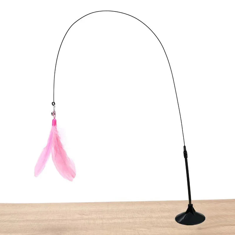 Cat Teaser Wand with Suction Cup - Interactive Feather Toy with Replaceable Heads