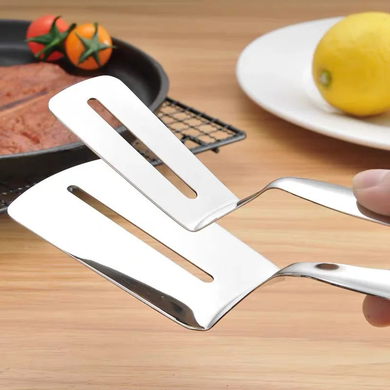 Stainless Steel Spatula with Clamp - 2-in-1 BBQ Tongs & Fish Turner