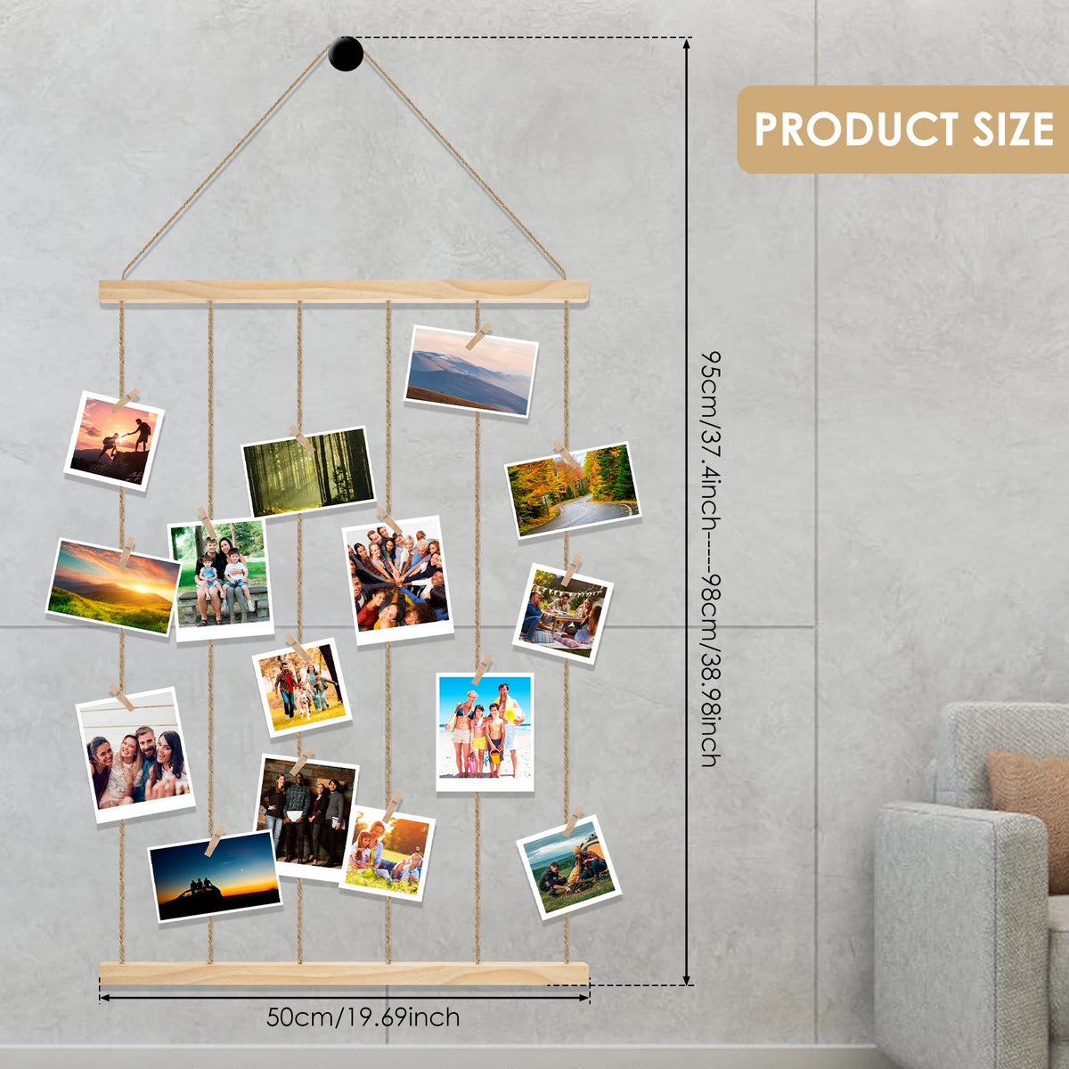 Hanging Photo Display Holder - Wood Finish Picture Hanger for Home Decor