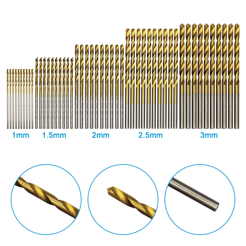 Twist Drill Bit Set 50pc - 1mm to 3mm Titanium Plated Micro Bits for Woodwork