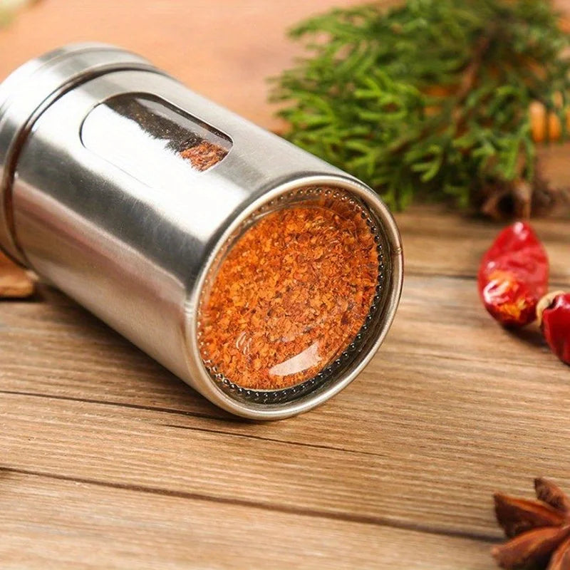 Stainless Steel & Glass Seasoning Shaker - BBQ Spice, Salt & Pepper Jar