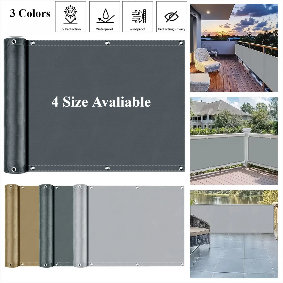 Balcony Privacy Screen - Waterproof Windscreen Shade Cloth with Grommets and Ties
