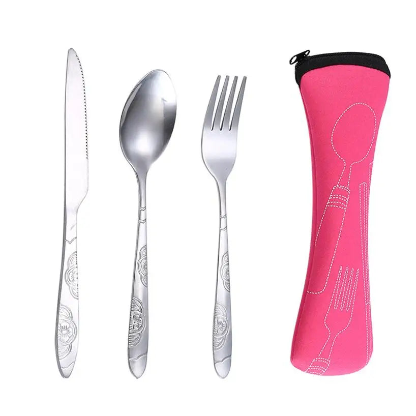 Stainless Steel Travel Cutlery Set - 3-Piece Camping Utensils with Zip Case