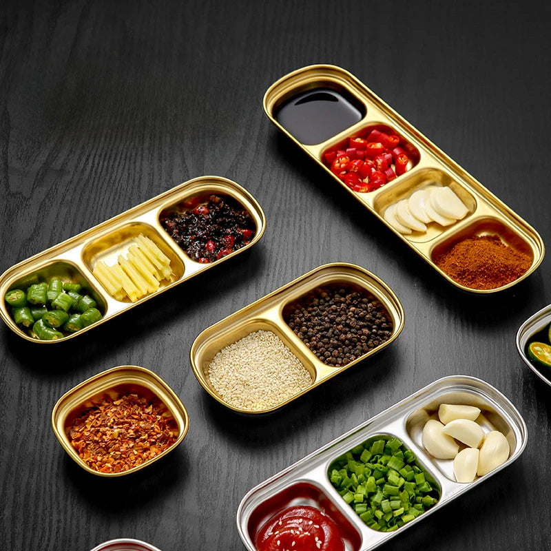 Stainless Steel Divided Dip Bowls - Sauce & Condiment Serving Trays