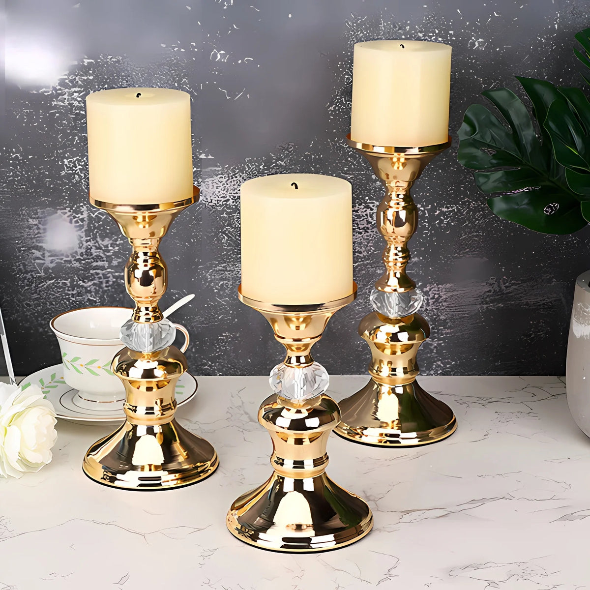Gold Metal Pillar Candle Holders - Crystal Accent Stands for Table Centrepieces