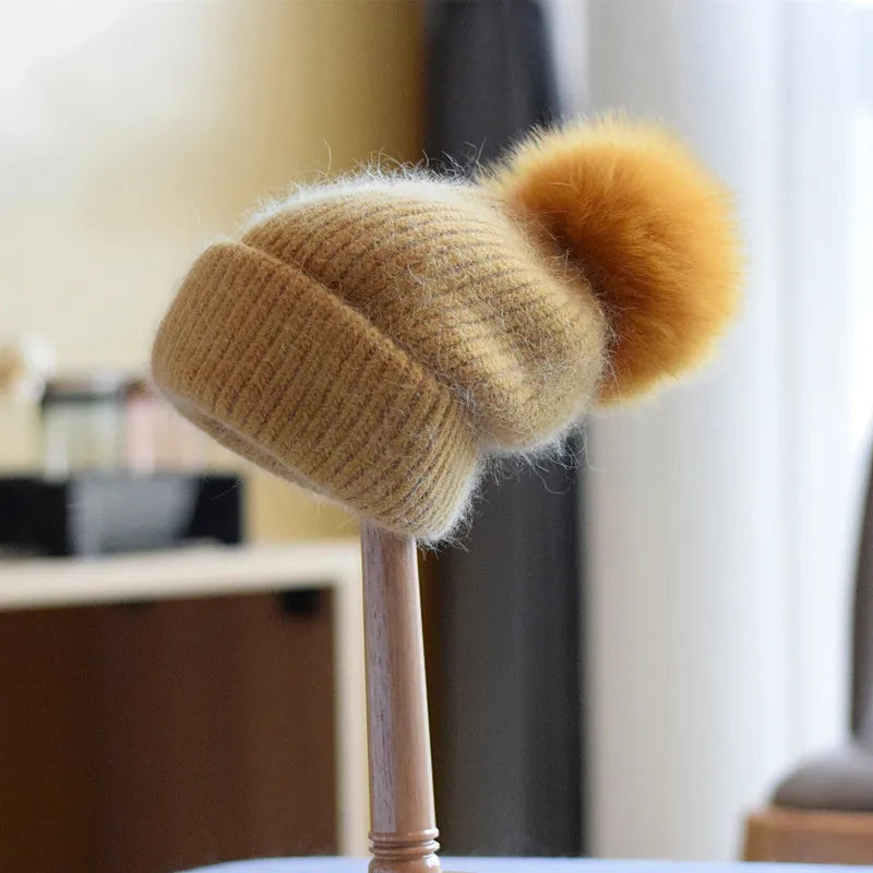 Fox Fur Pom-Pom Beanie - Knitted Cashmere Winter Hat for Women, 14 Colours