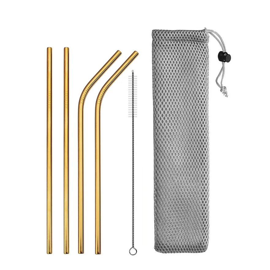 Reusable Stainless Steel Drinking Straws - Straight and Bent Metal Straw Set with Cleaning Brush
