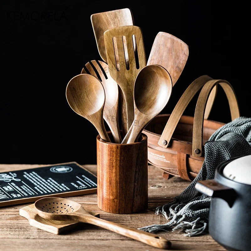 Wooden Spoons - Cooking Utensil Sets of 4, 7 or 9 with Utensils Holder