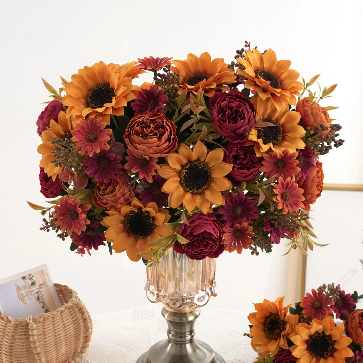 Artificial Sunflower Bouquet - Silk Faux Sunflowers and Peonies for Fall Decor