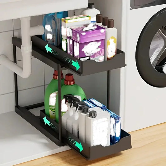 2-Tier Sliding Pull-Out Storage Rack - Under-Sink Drawer Organiser for Kitchens