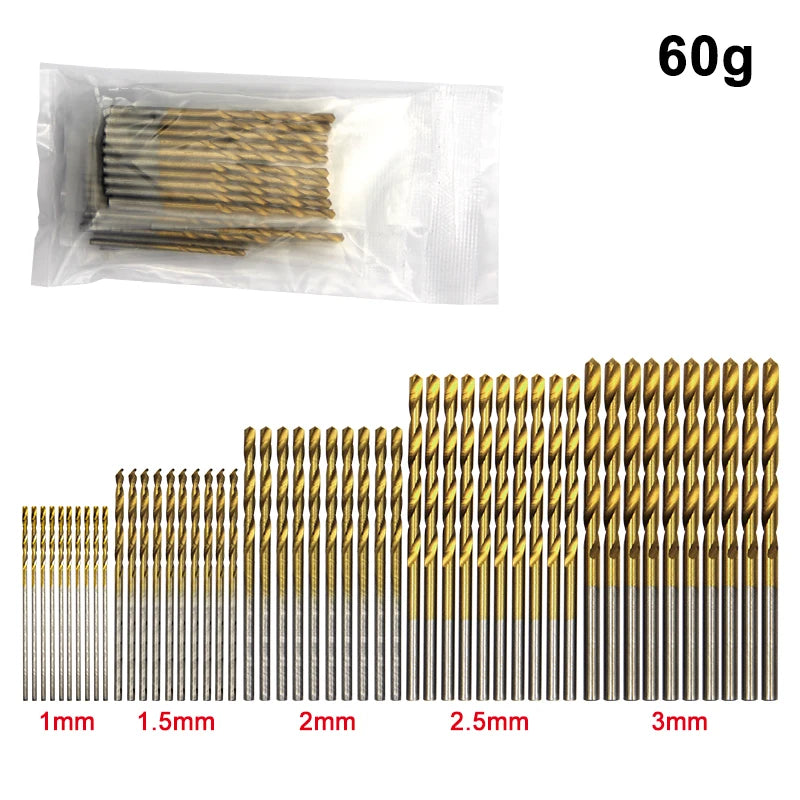 Twist Drill Bit Set 50pc - 1mm to 3mm Titanium Plated Micro Bits for Woodwork