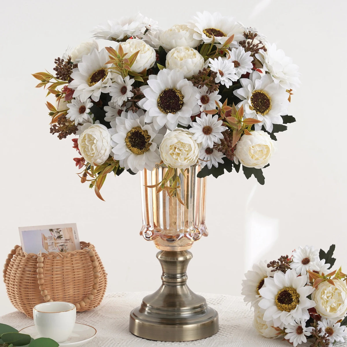 Artificial Sunflower Bouquet - Silk Faux Sunflowers and Peonies for Fall Decor