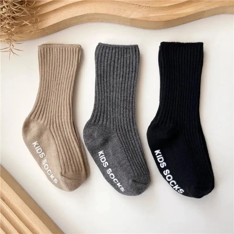 Baby Grip Socks 3-Pack - Non-Slip Cotton Crew Socks for Toddlers 0-3 Years