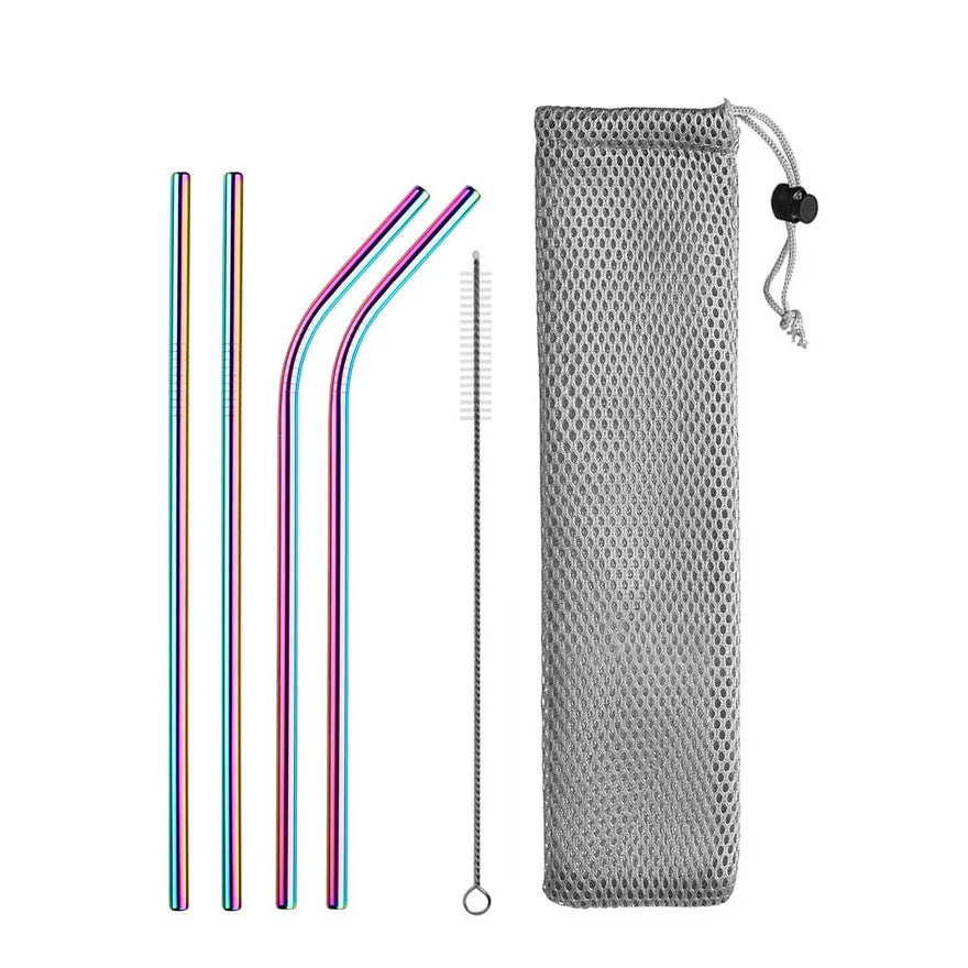 Reusable Stainless Steel Drinking Straws - Straight and Bent Metal Straw Set with Cleaning Brush