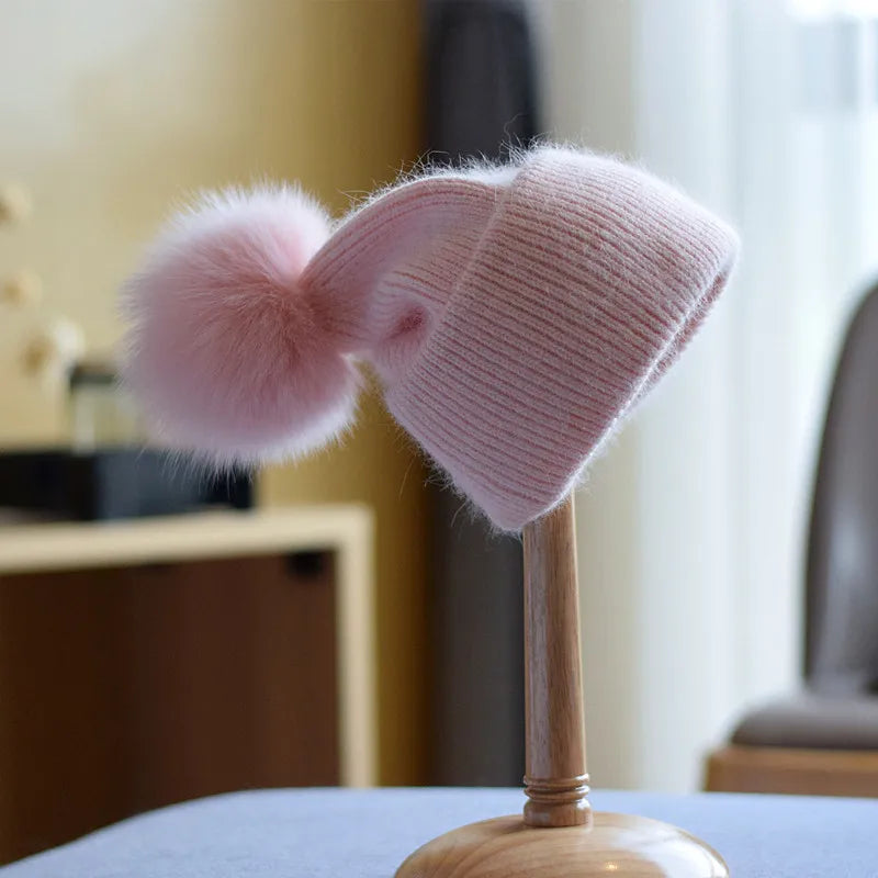 Fox Fur Pom-Pom Beanie - Knitted Cashmere Winter Hat for Women, 14 Colours