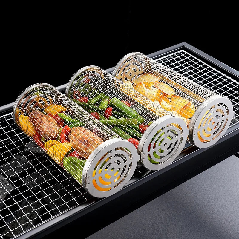 Rolling Grill Basket Set - Stainless Steel Mesh BBQ Basket with Wood Handle