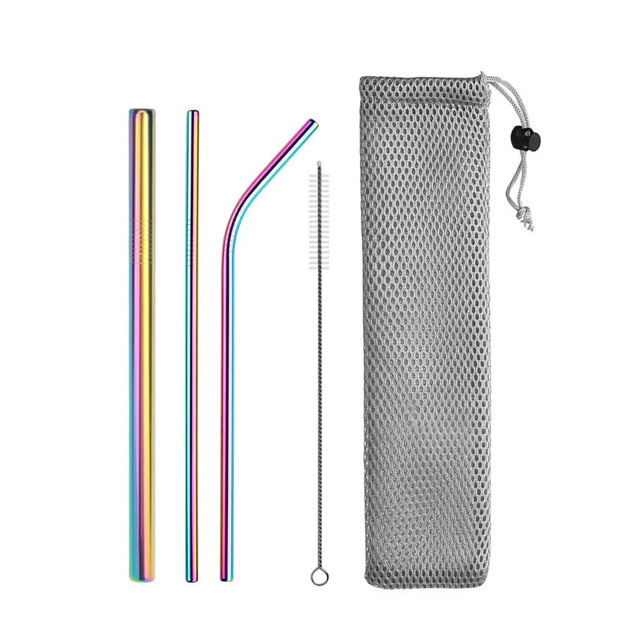 Reusable Stainless Steel Drinking Straws - Straight and Bent Metal Straw Set with Cleaning Brush
