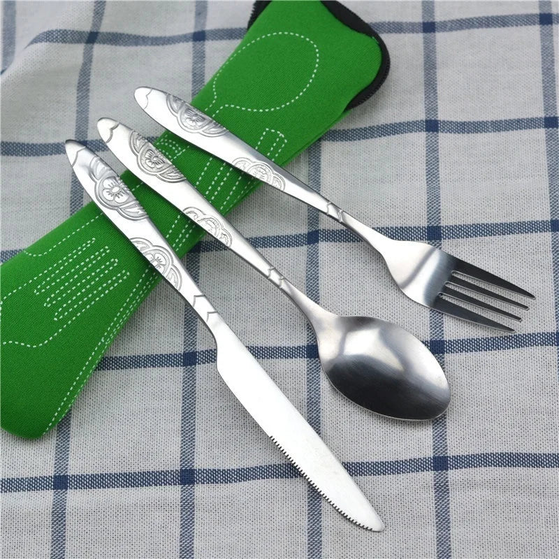 Stainless Steel Travel Cutlery Set - 3-Piece Camping Utensils with Zip Case