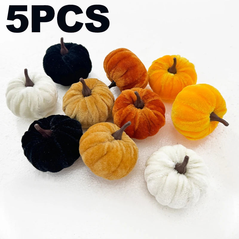 Velvet Artificial Pumpkins 5-Pack - 5cm Mini Fall Table Decor in Five Colours