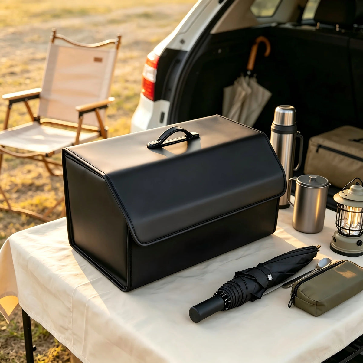Collapsible Car Boot Organiser - PU Leather Trunk Storage Box with Removable Lid