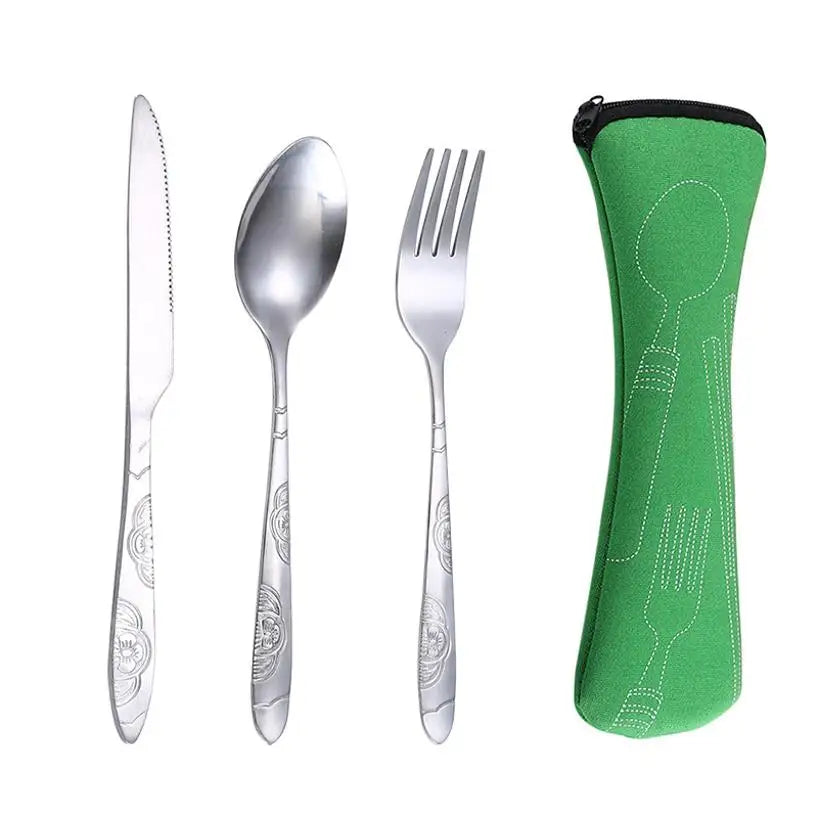 Stainless Steel Travel Cutlery Set - 3-Piece Camping Utensils with Zip Case