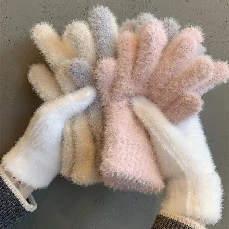 Velvet Winter Gloves - Plush Five Finger Gloves for Women in 4 Colours