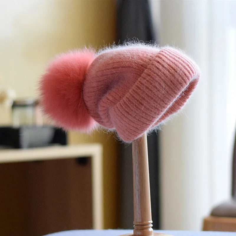 Fox Fur Pom-Pom Beanie - Knitted Cashmere Winter Hat for Women, 14 Colours