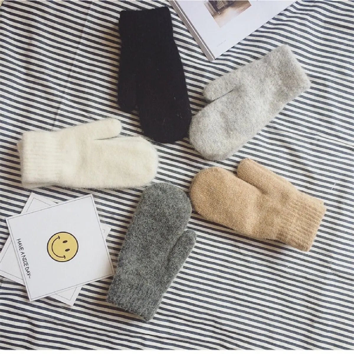 Womens Cashmere Winter Gloves - Soft Knitted Fur Trim Warmth in 5 Colours