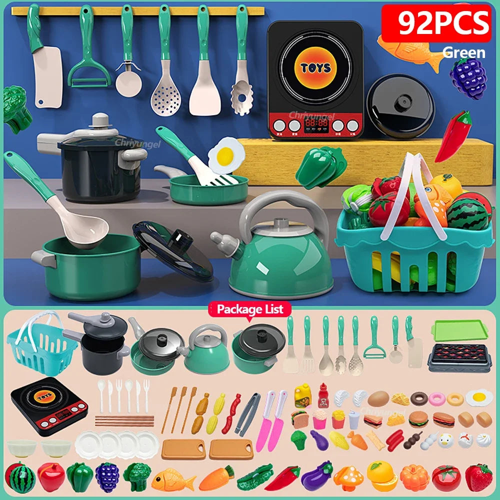 Kids Kitchen Toy Set - 59, 69 or 92 Piece Play Kitchen in Pink or Green