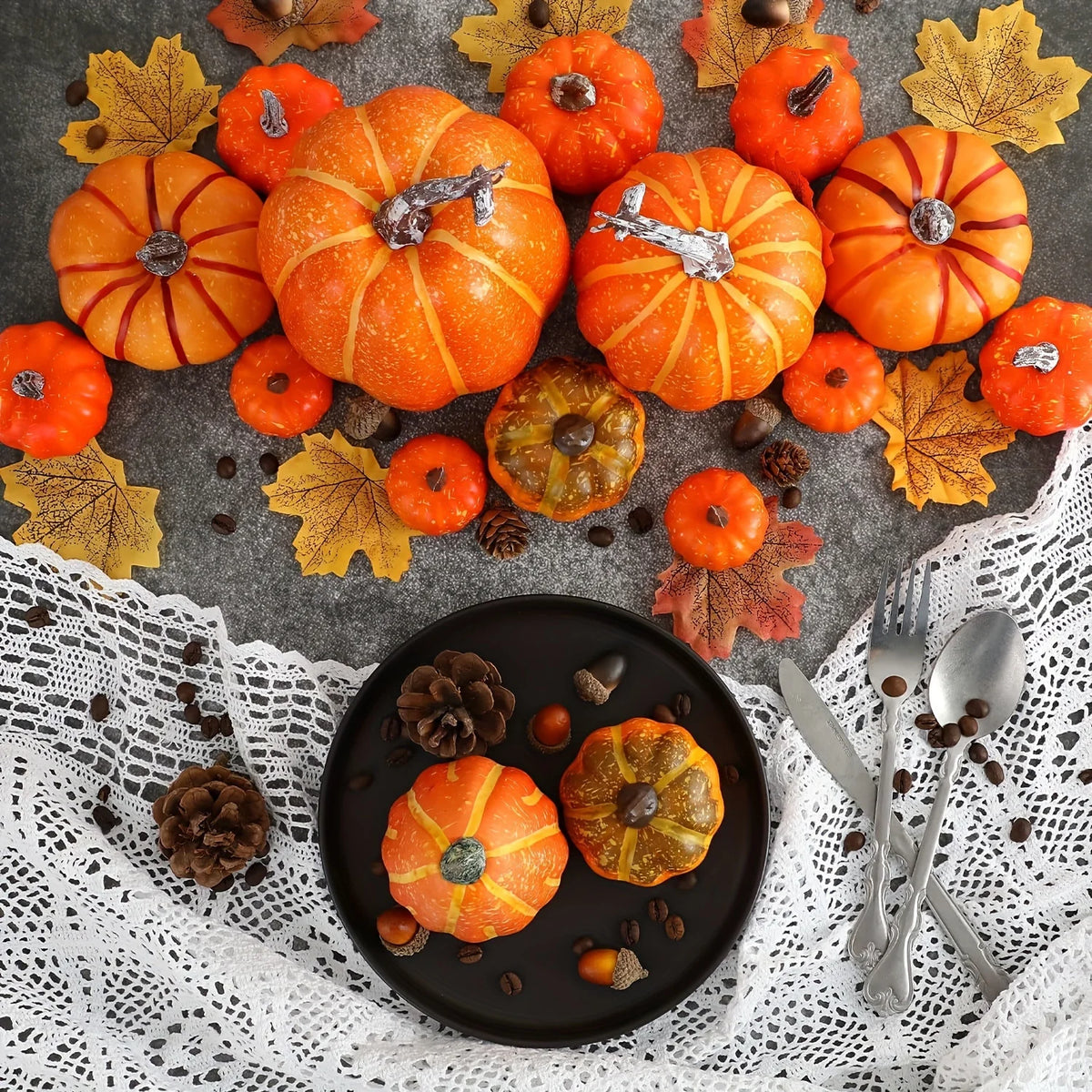 Artificial Pumpkins 7 Pack - Orange Foam Fall Decor for Tables and Porches