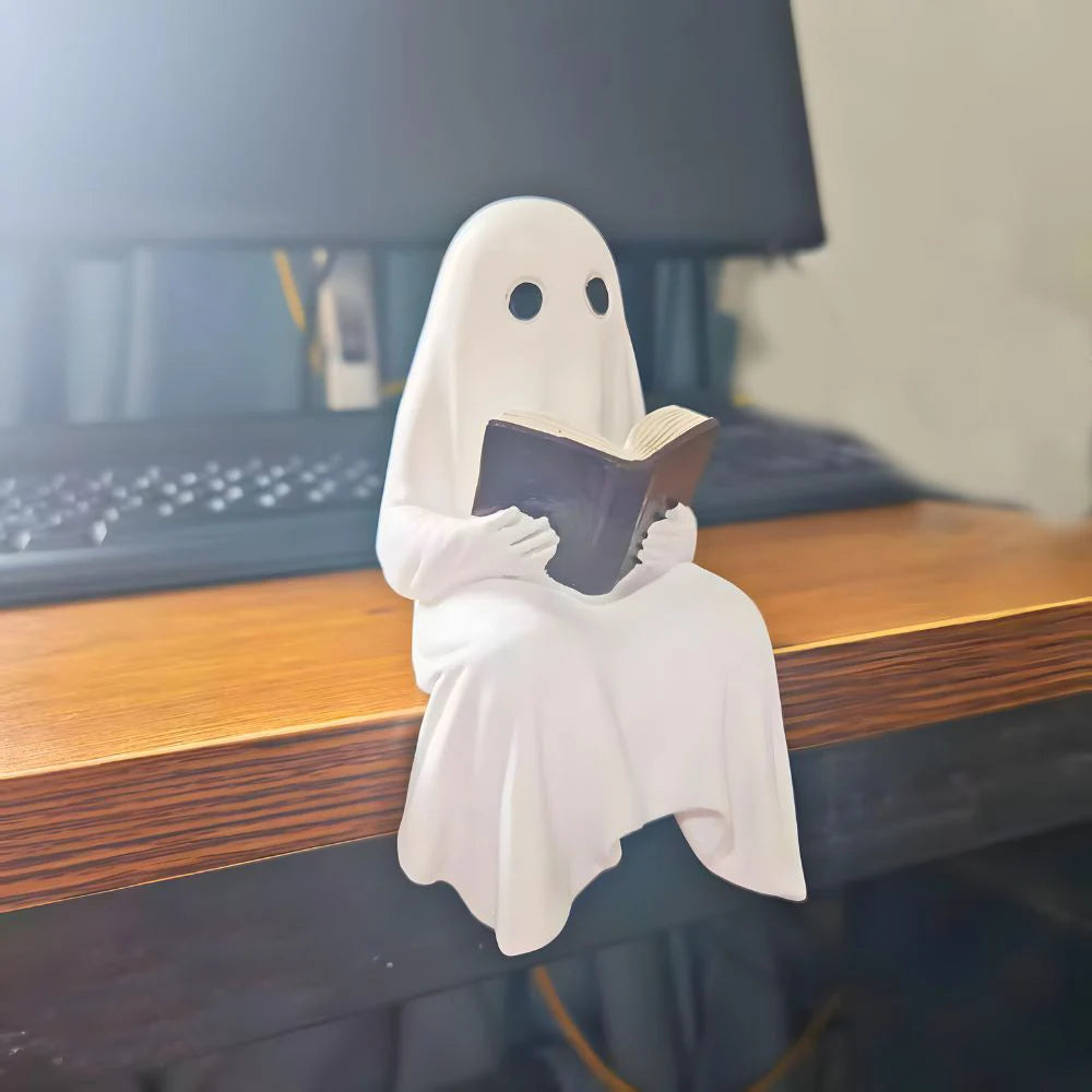 Reading Ghost Statue - White Resin Halloween Ornament for Shelves and Desks