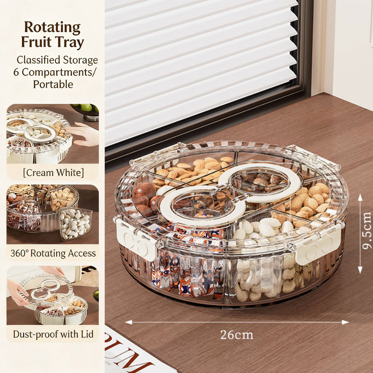 Rotating Snack Tray with Lid - Divided Serving Spinner for Charcuterie & Fruit