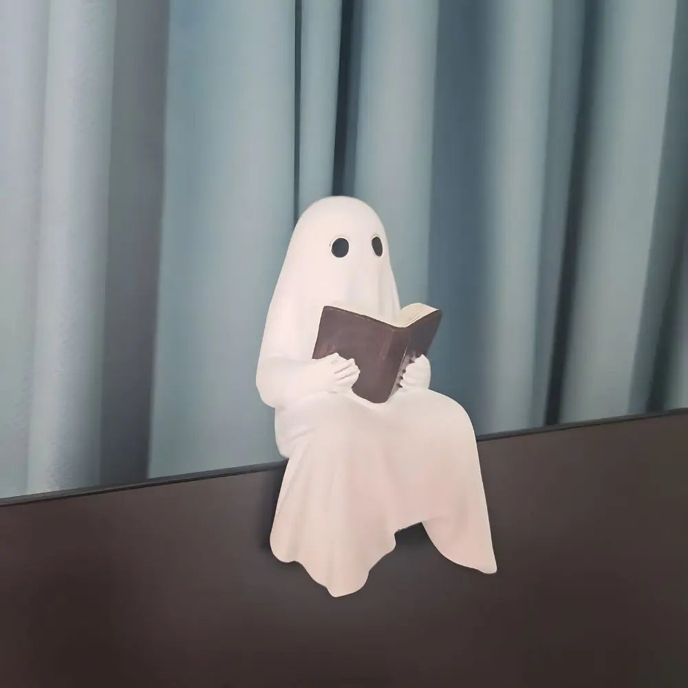 Reading Ghost Statue - White Resin Halloween Ornament for Shelves and Desks