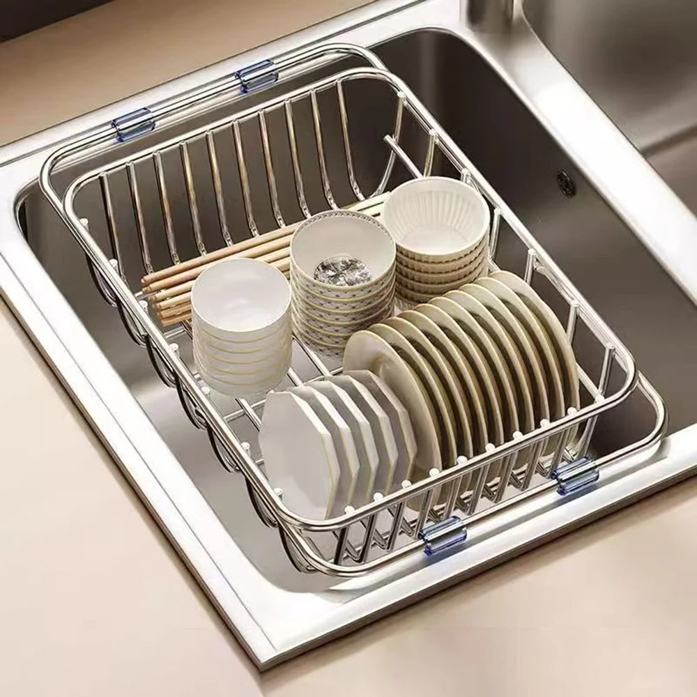 Stainless Steel Expandable Sink Drying Rack - Over-Sink Dish and Colander Basket