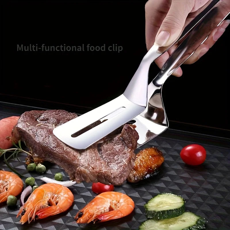 Stainless Steel Spatula with Clamp - 2-in-1 BBQ Tongs & Fish Turner