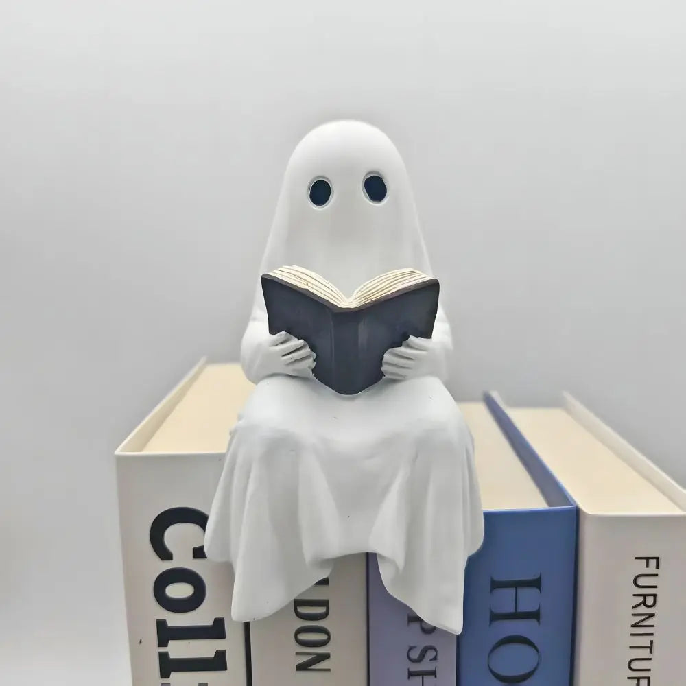 Reading Ghost Statue - White Resin Halloween Ornament for Shelves and Desks