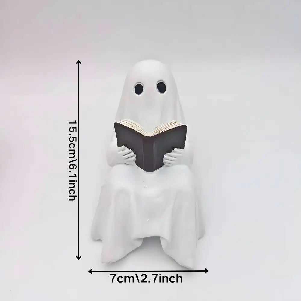 Reading Ghost Statue - White Resin Halloween Ornament for Shelves and Desks