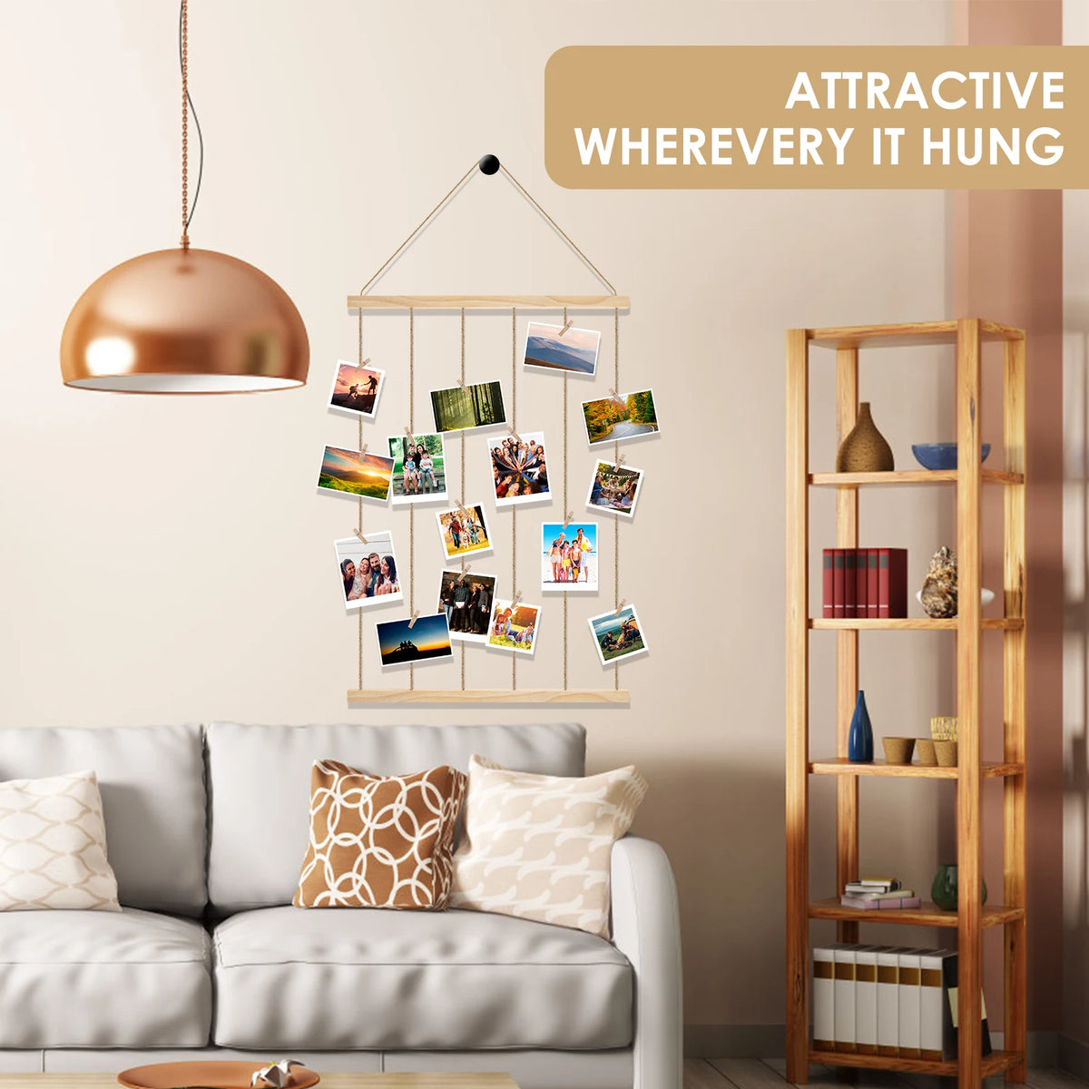 Hanging Photo Display Holder - Wood Finish Picture Hanger for Home Decor
