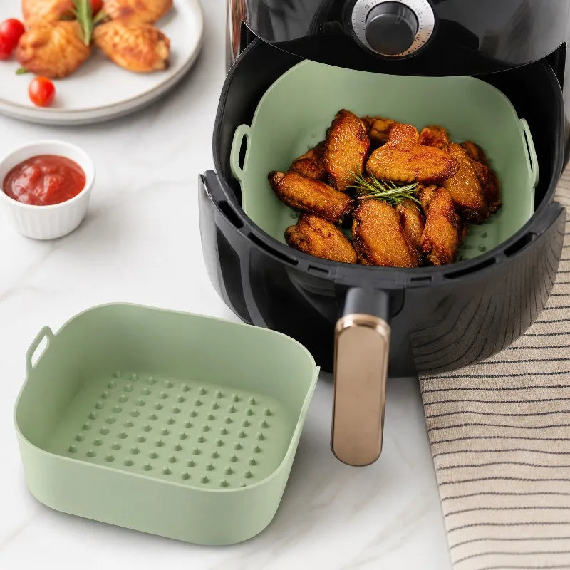Reusable Silicone Air Fryer Liner - Square Basket Tray with Handles, Non-Stick and Dishwasher Safe