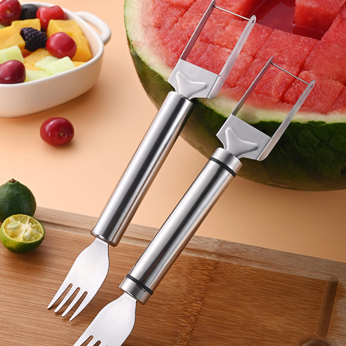 Watermelon Slicer & Fork - Stainless Steel Windmill Melon Cutter Tool