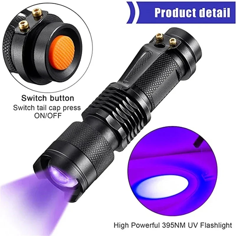 LED UV Flashlight - Zoomable 365nm and 395nm Blacklight Torch, Pocket Size