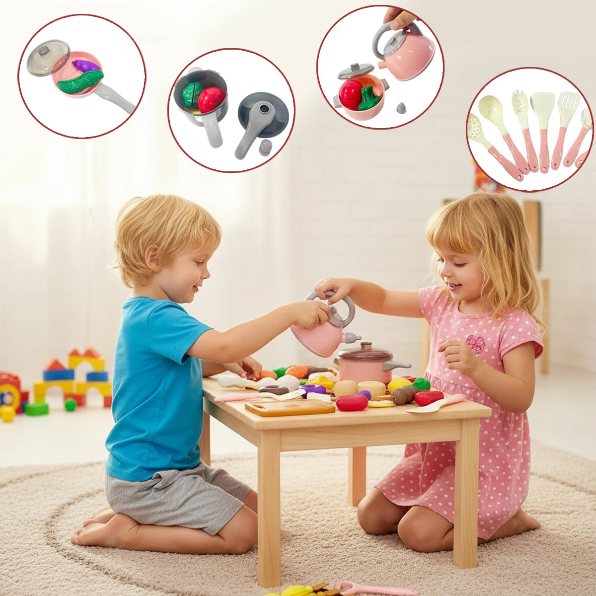 Kids Kitchen Toy Set - 59, 69 or 92 Piece Play Kitchen in Pink or Green