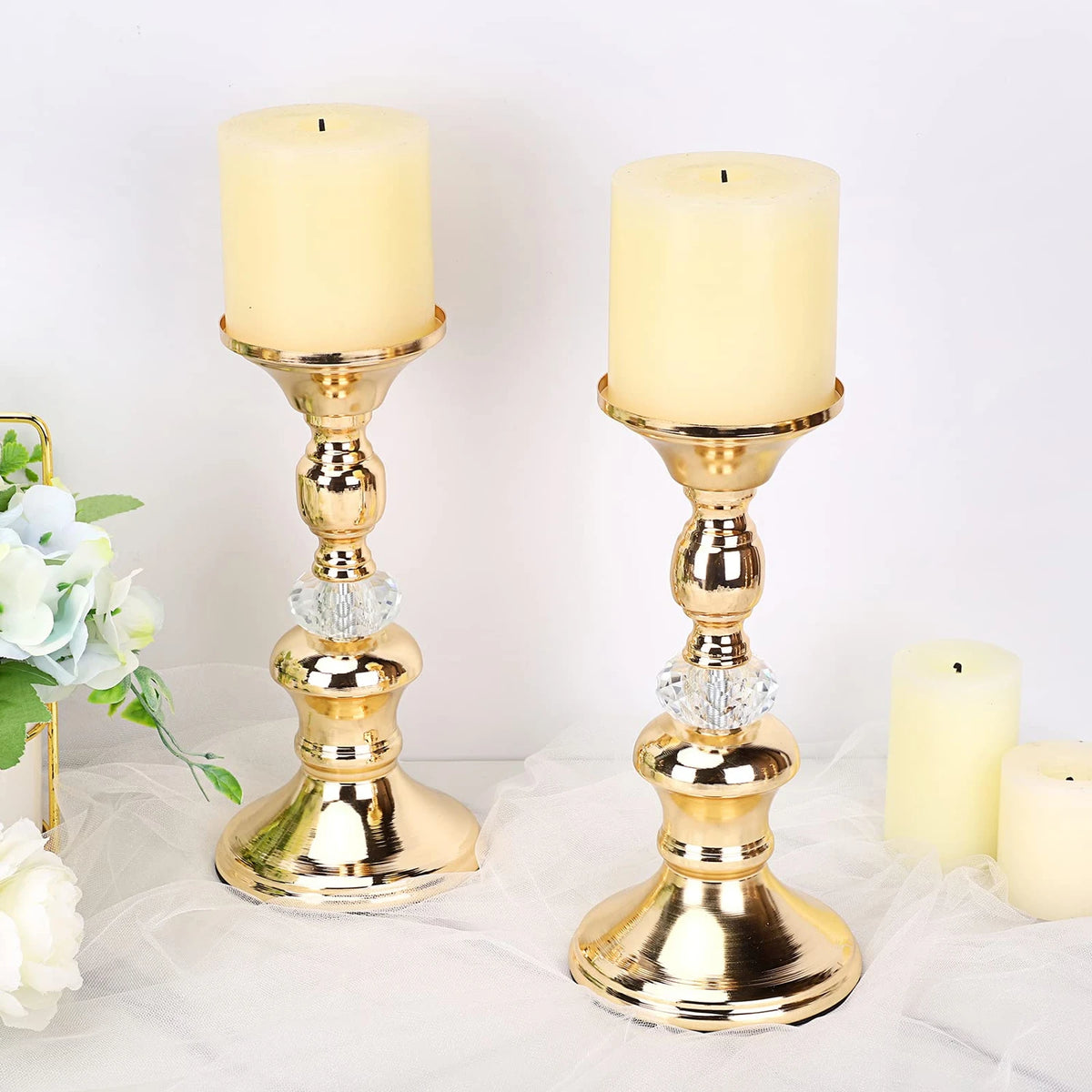 Gold Metal Pillar Candle Holders - Crystal Accent Stands for Table Centrepieces