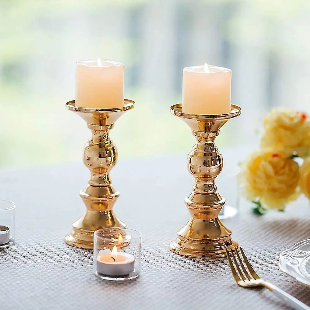 Gold Metal Pillar Candle Holders - Crystal Accent Stands for Table Centrepieces
