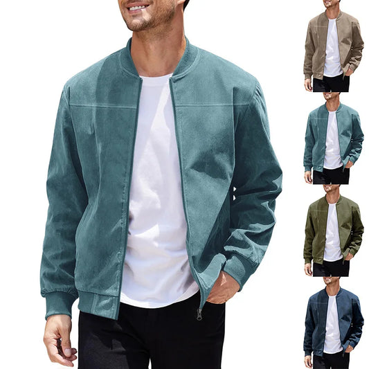 Suede Zip-Up Jacket - Vintage Casual Solid Colour Coat, Sizes S to XXXL