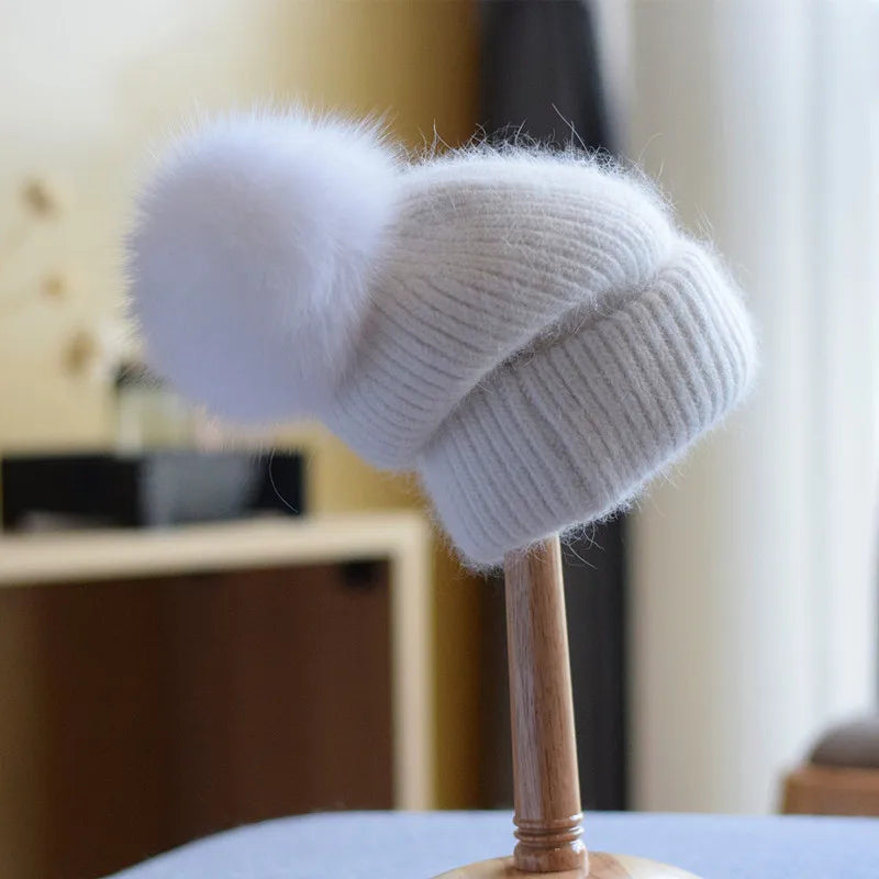 Fox Fur Pom-Pom Beanie - Knitted Cashmere Winter Hat for Women, 14 Colours