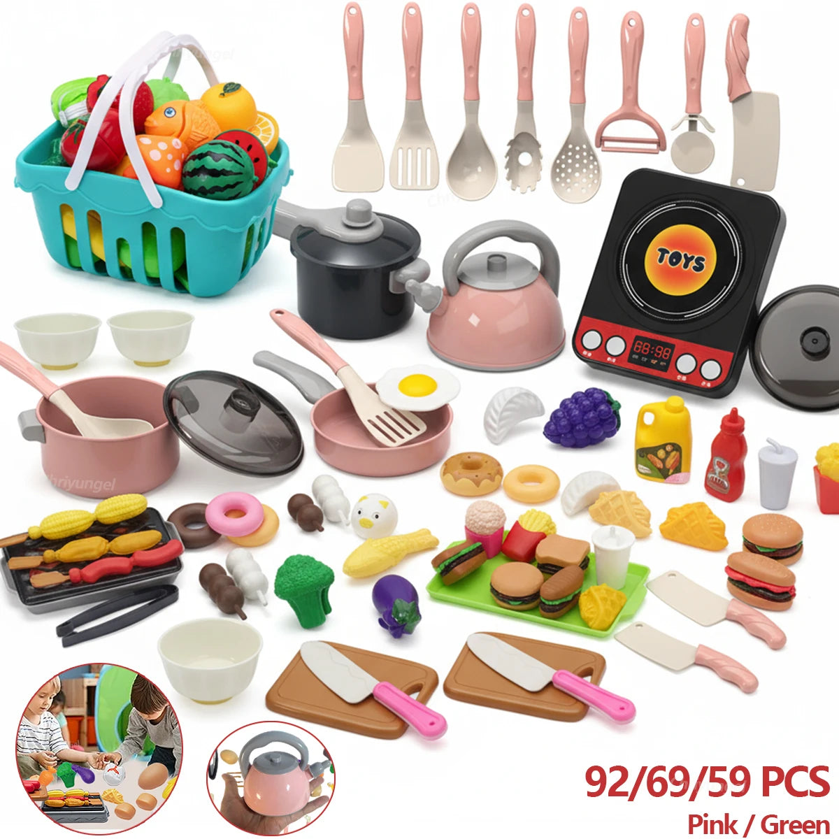 Kids Kitchen Toy Set - 59, 69 or 92 Piece Play Kitchen in Pink or Green