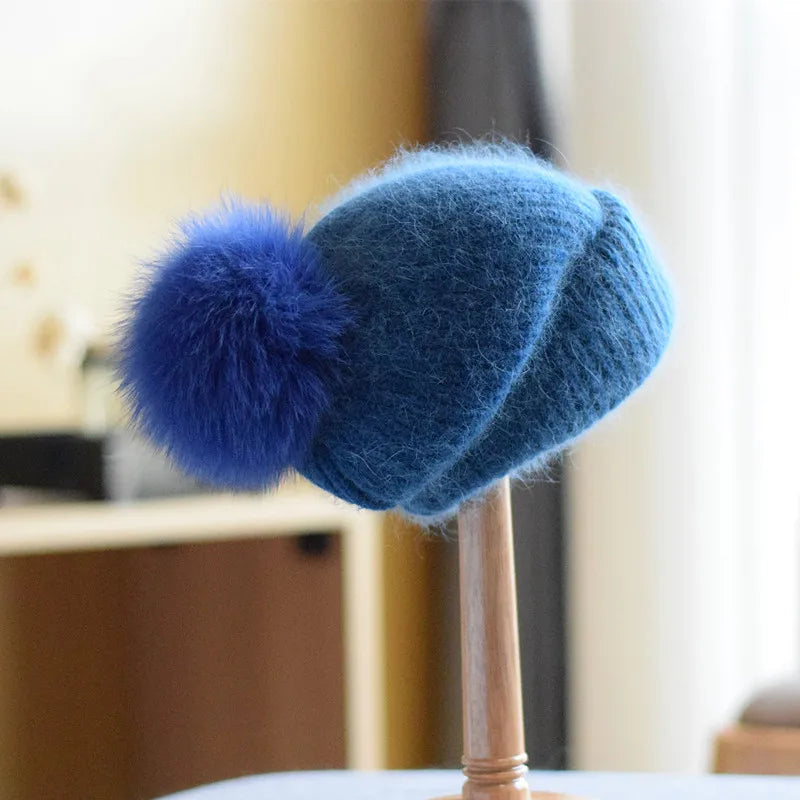 Fox Fur Pom-Pom Beanie - Knitted Cashmere Winter Hat for Women, 14 Colours