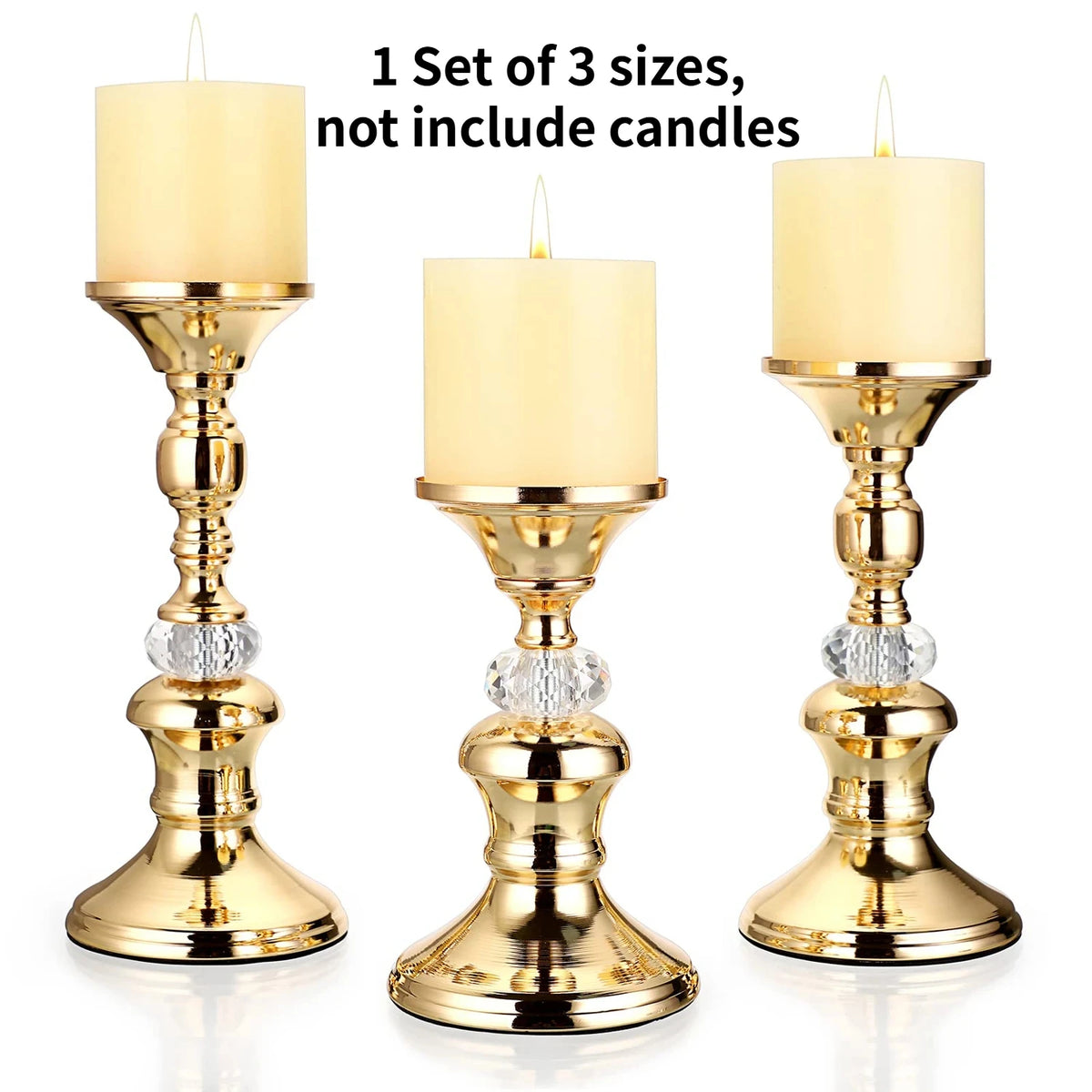 Gold Metal Pillar Candle Holders - Crystal Accent Stands for Table Centrepieces